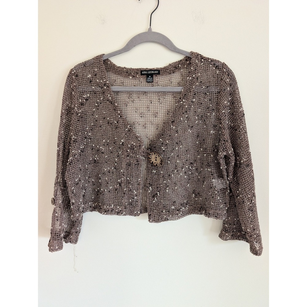 Nina Leonard Womens Open Knit crochet Cropped Single Button Cardigan Medium